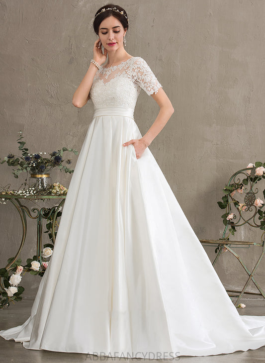 Ball-Gown/Princess With Scoop Miriam Train Wedding Dresses Neck Sequins Pockets Beading Wedding Satin Court Dress