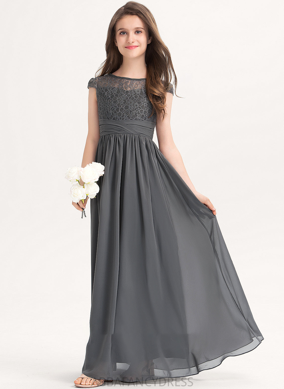 Scoop Neck Floor-Length Junior Bridesmaid Dresses Amber Chiffon Lace Ruffle A-Line With