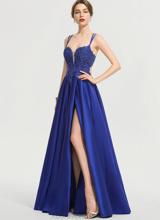Satin Sequins Floor-Length Prom Dresses With Alani Front Ball-Gown/Princess V-neck Split