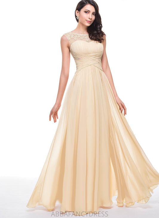Ruffle Flower(s) Chiffon Makena Prom Dresses Tulle Scoop With Beading A-Line Floor-Length