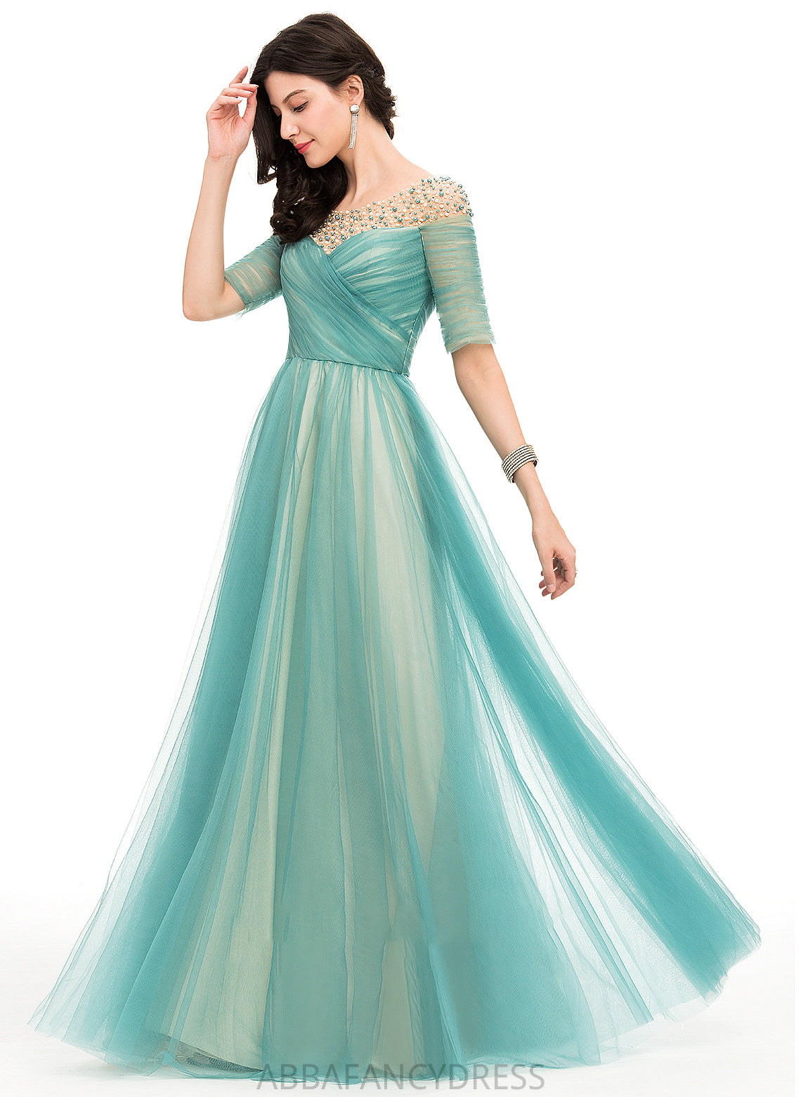Scoop Annabelle Neck Ball-Gown/Princess With Tulle Beading Prom Dresses Floor-Length