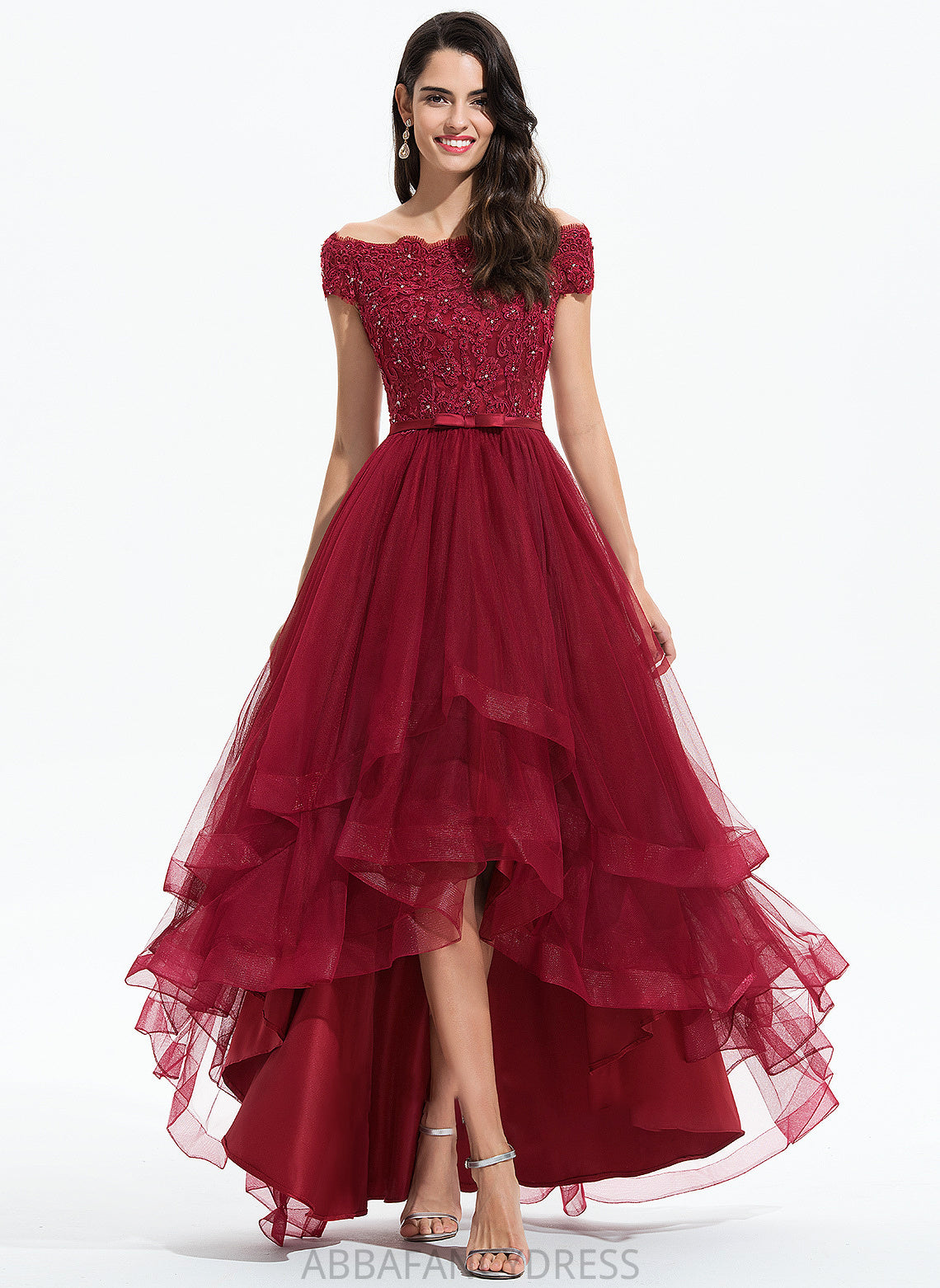 Beading Asymmetrical Peyton Ball-Gown/Princess Prom Dresses Sequins With Tulle Bow(s) Off-the-Shoulder