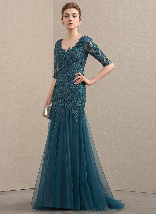 Train Trumpet/Mermaid Lace Sequins Kathleen Tulle of the Mother Bride With Sweep Beading V-neck Mother of the Bride Dresses Dress