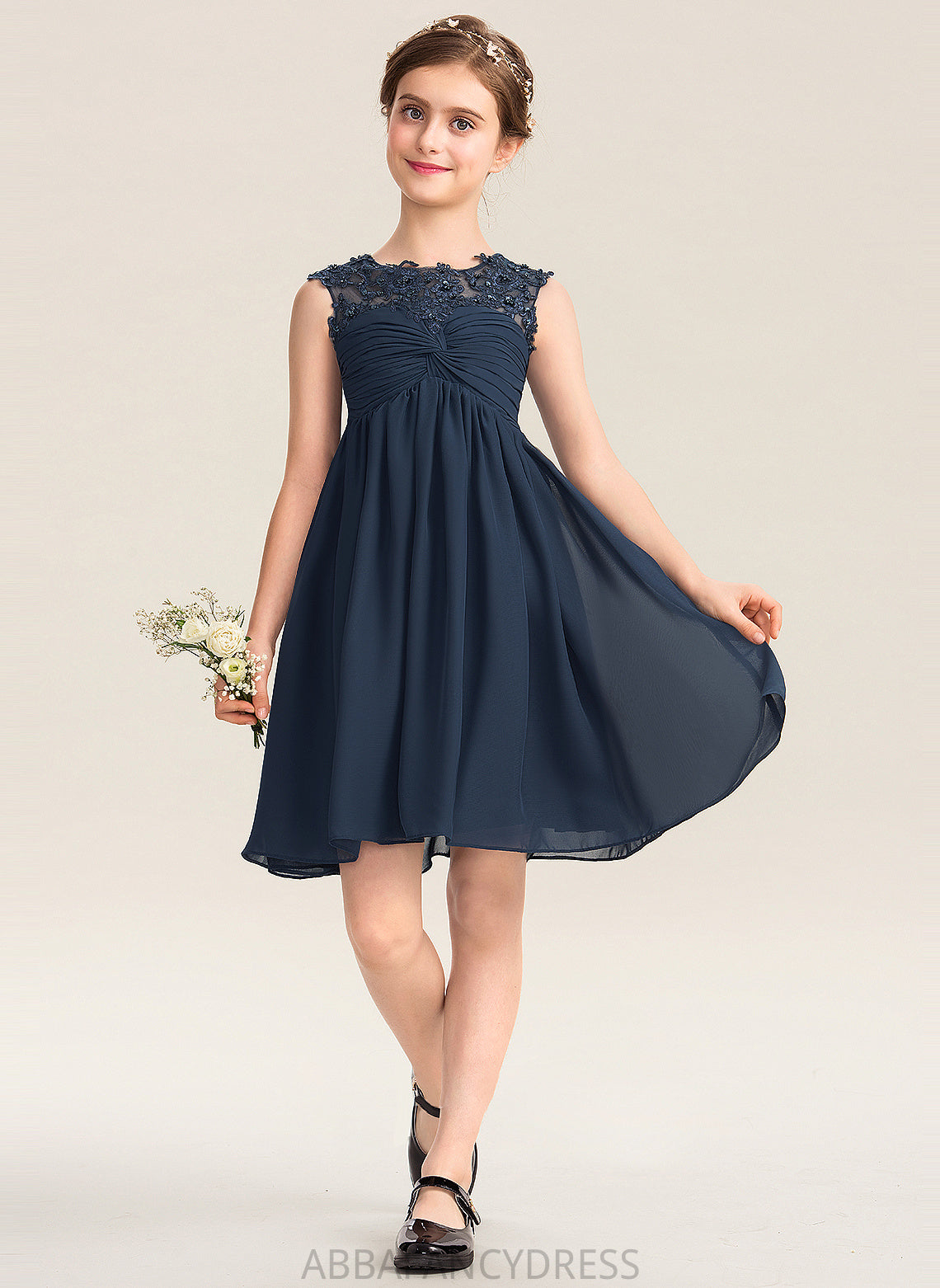Empire Ruffle Sequins Beading Annika Scoop Chiffon Neck Junior Bridesmaid Dresses Knee-Length Lace With