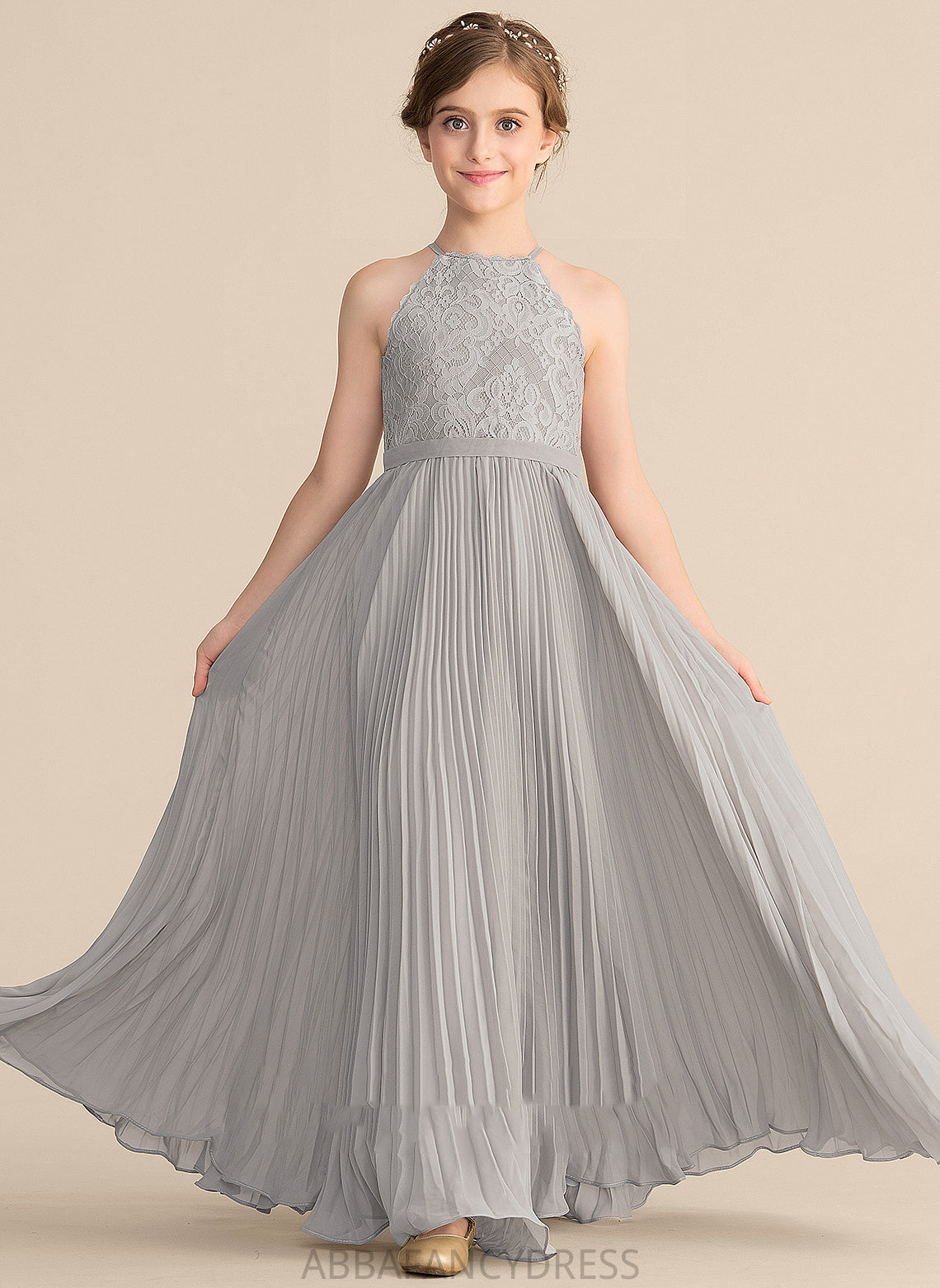 Chiffon Neck Amira Junior Bridesmaid Dresses Pleated With Floor-Length Scoop A-Line Lace