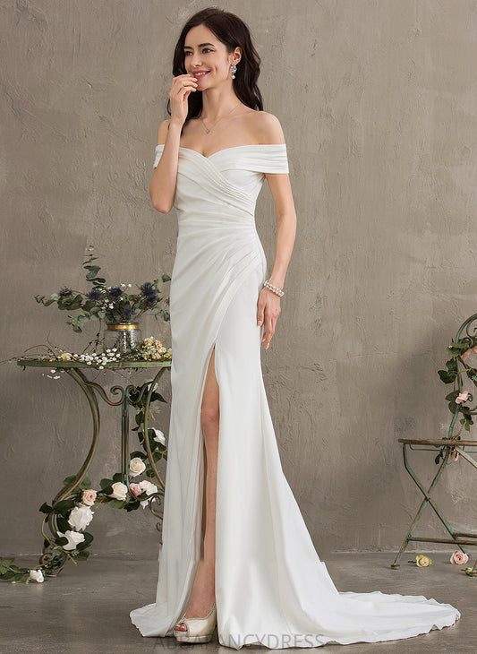 With Dress Front Sweep Wedding Dresses Ruffle Rory Off-the-Shoulder Stretch Crepe Sheath/Column Split Wedding Train