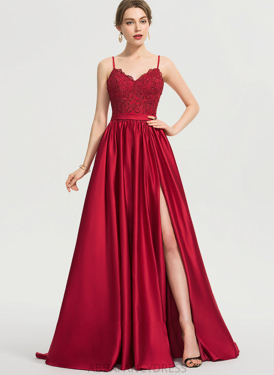 Prom Dresses Ball-Gown/Princess Satin Front Beading With Sweep Sequins Split Train V-neck Jaden