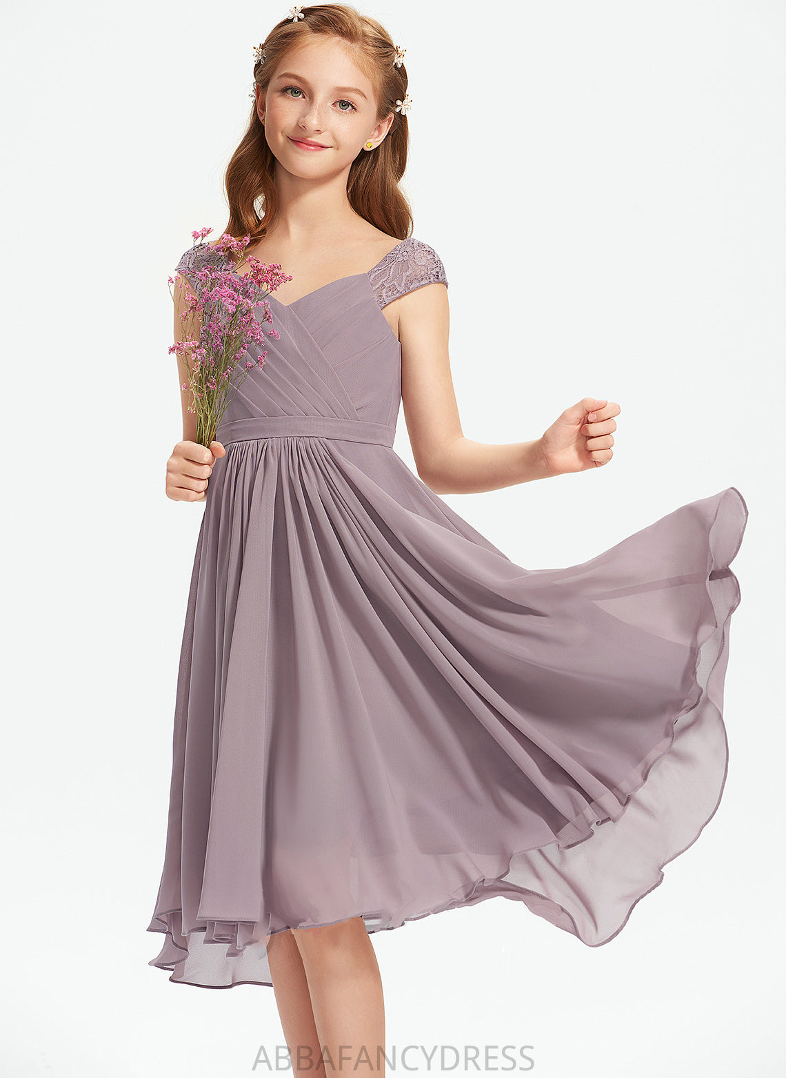 Ruffle Junior Bridesmaid Dresses Knee-Length Chiffon With Lace A-Line V-neck Kelly