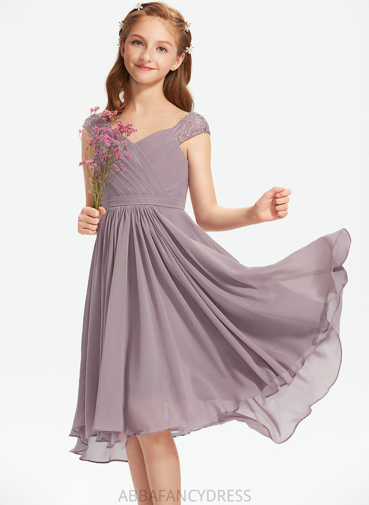 Ruffle Junior Bridesmaid Dresses Knee-Length Chiffon With Lace A-Line V-neck Kelly