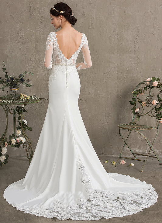 Stretch Chapel With Scoop Dress Wedding Dresses Lace Sequins Neck Wedding Train Crepe Shannon Trumpet/Mermaid Beading