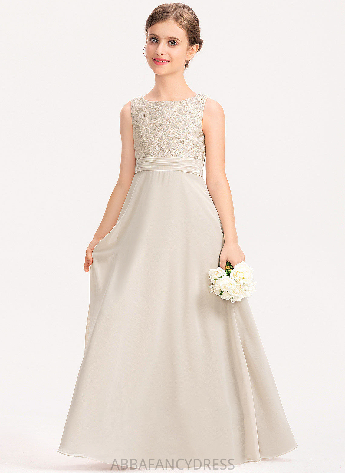 With A-Line Chiffon Floor-Length Junior Bridesmaid Dresses Lace Neck Kenley Ruffle Scoop