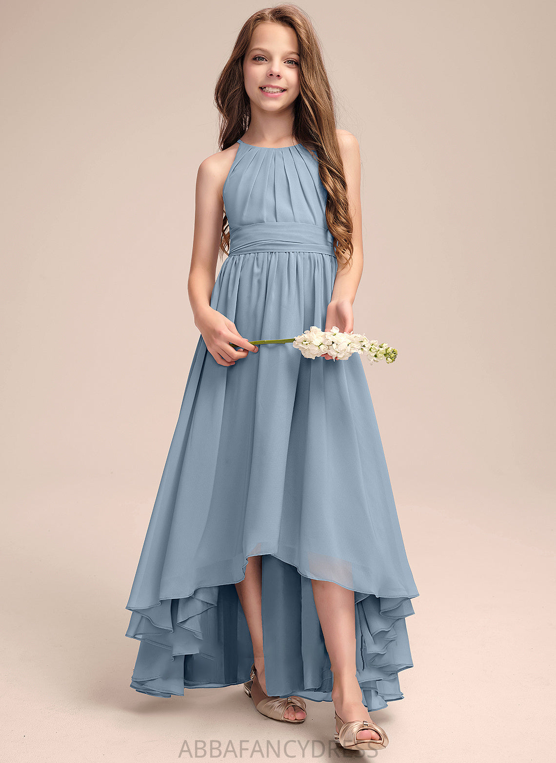 Scoop Junior Bridesmaid Dresses Bow(s) Ruffle Chiffon With Asymmetrical A-Line Lydia Neck