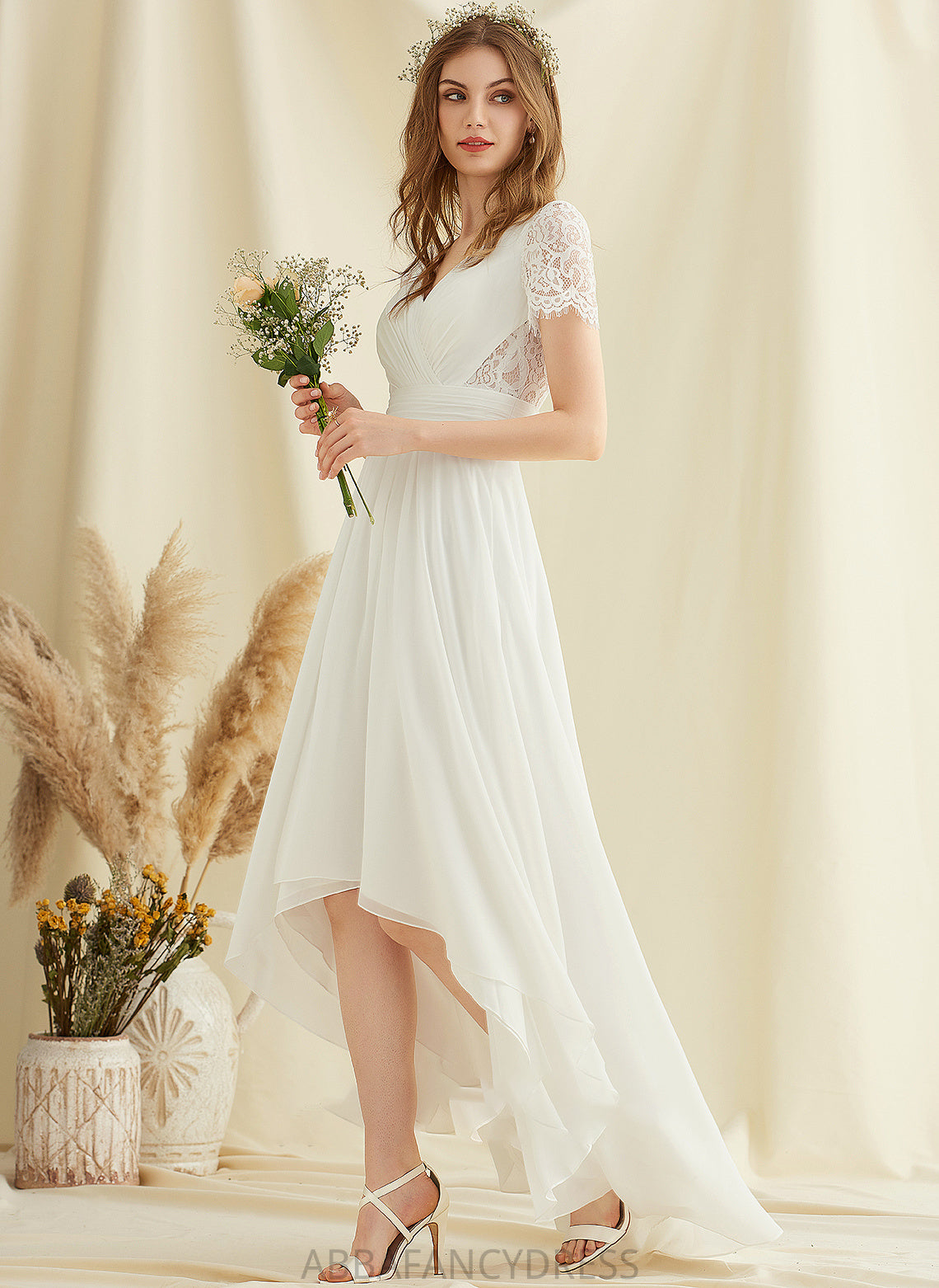 A-Line Lace Chiffon Asymmetrical Dress Wedding Dresses V-neck Justine Wedding