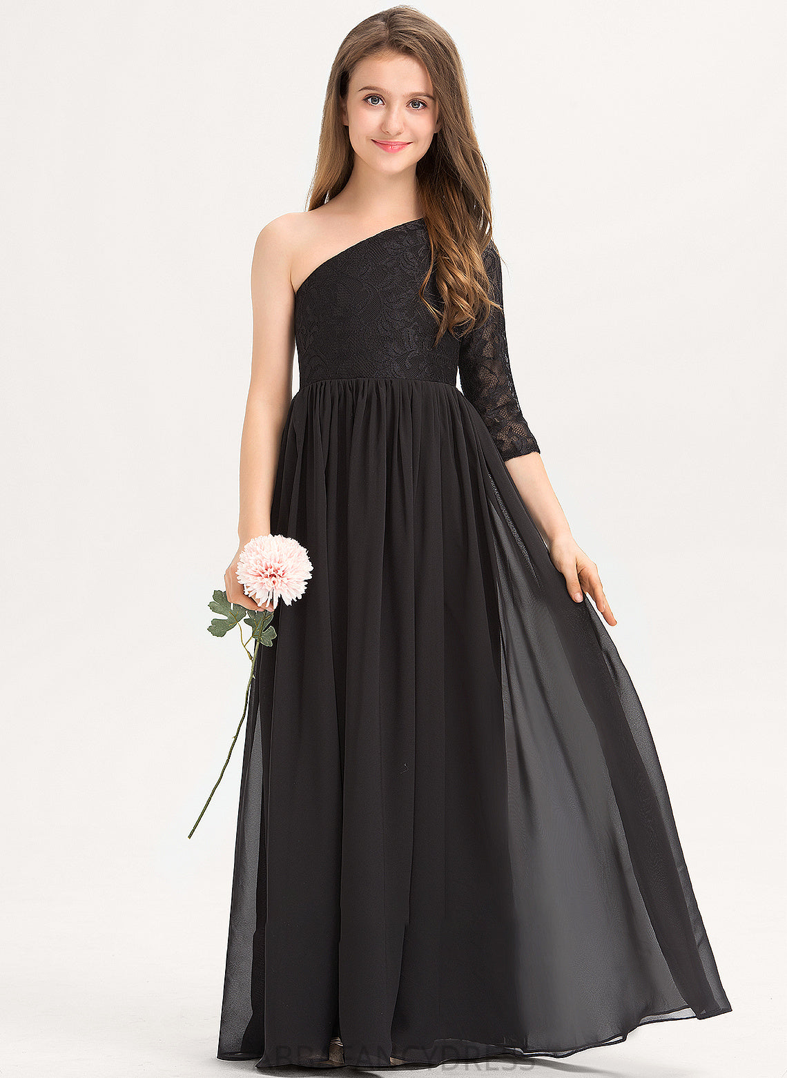 One-Shoulder Chiffon Lace Yuliana Floor-Length A-Line Junior Bridesmaid Dresses