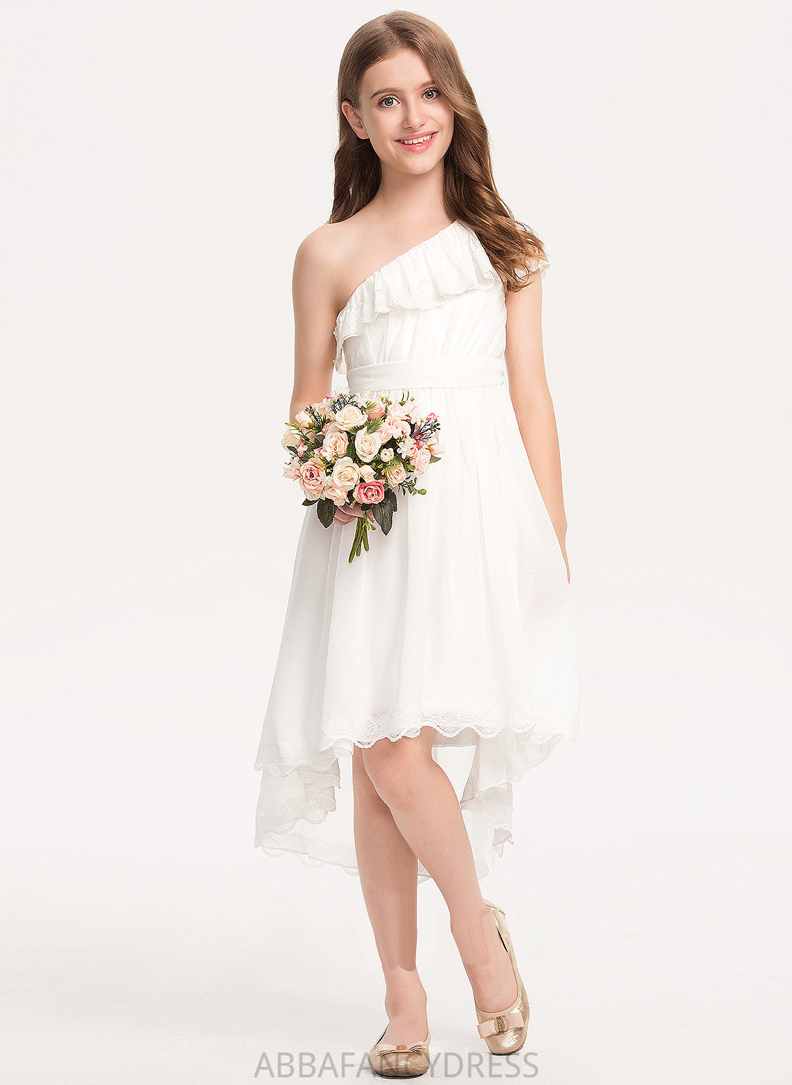 A-Line Chiffon Lace Clarissa Junior Bridesmaid Dresses With Bow(s) Asymmetrical One-Shoulder