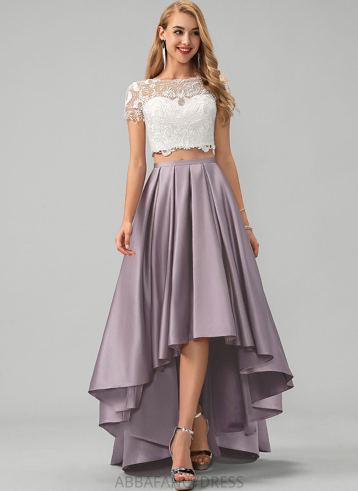 Krystal Lace Satin Neck A-Line Pockets Scoop Asymmetrical With Prom Dresses