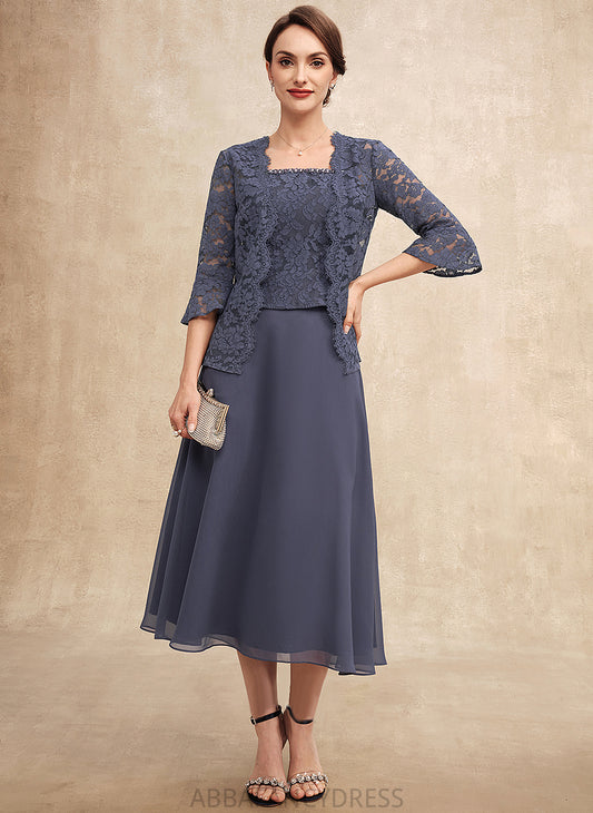 Lace A-Line Mother of the Bride Dresses Neckline Tea-Length Karlee Square the Bride Dress Beading Mother of With Chiffon