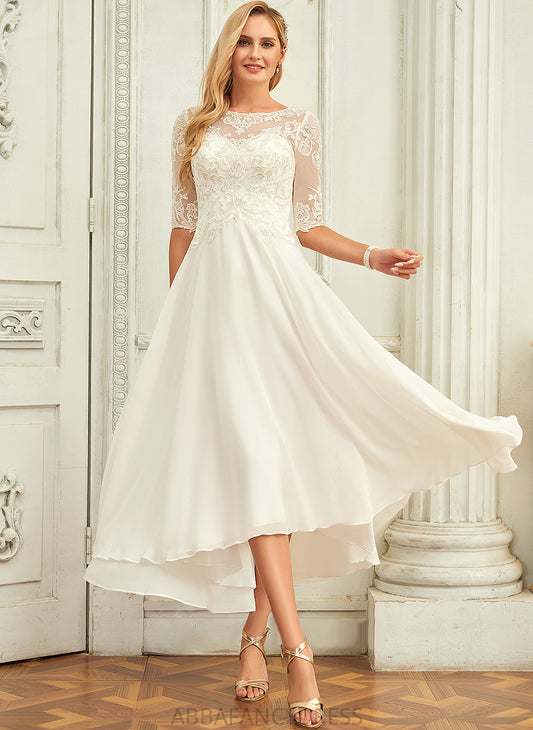 A-Line Beading Scoop Wedding Dresses Wedding Asymmetrical Lace Dress Chiffon Sequins Catherine With