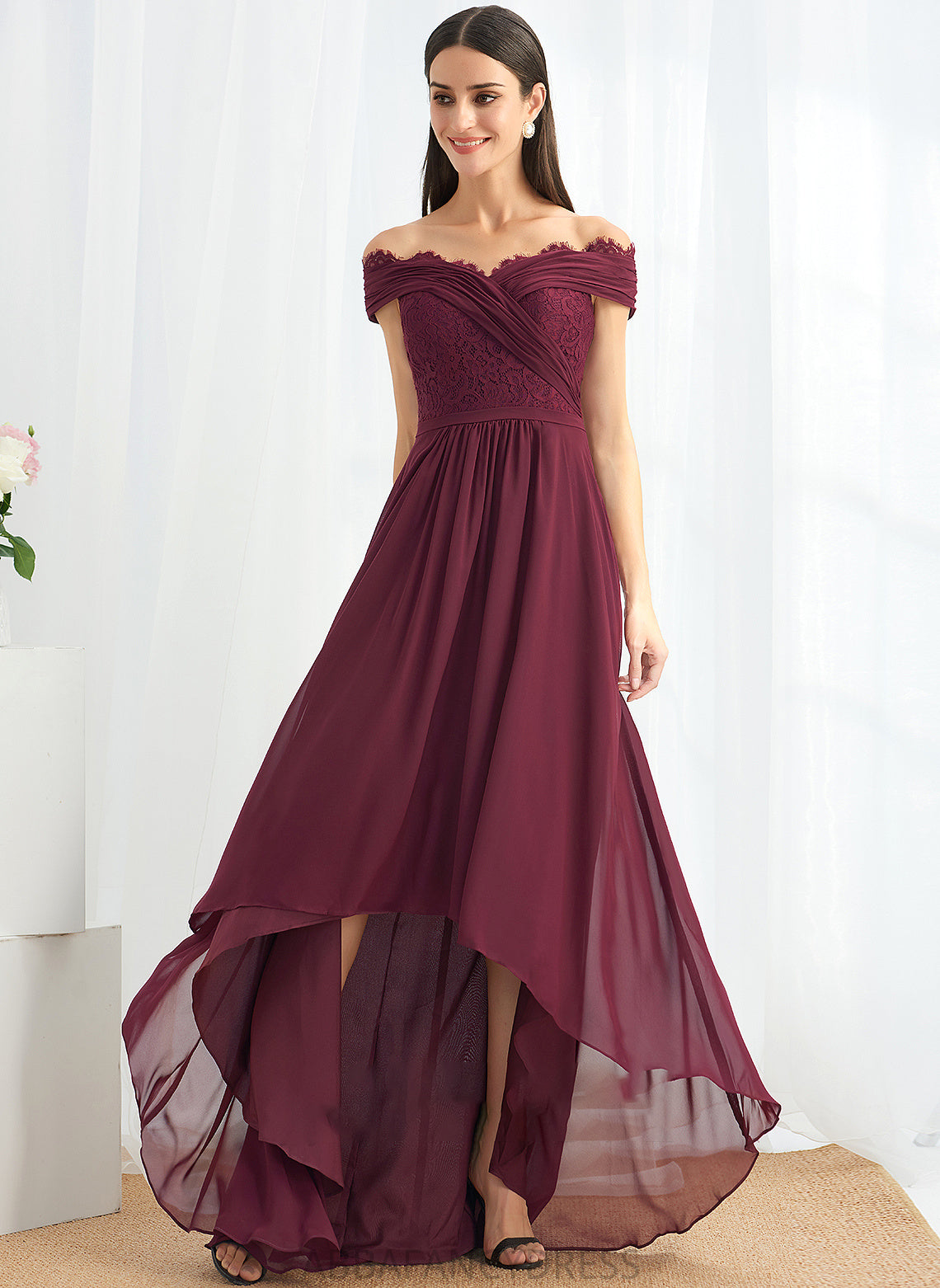 Lace Off-the-Shoulder A-Line Embellishment Neckline Silhouette Fabric Asymmetrical Length Jazlene A-Line/Princess Floor Length