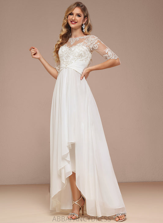 A-Line Dress Chiffon Lace Wedding Wedding Dresses Neck Boat Aleah Asymmetrical