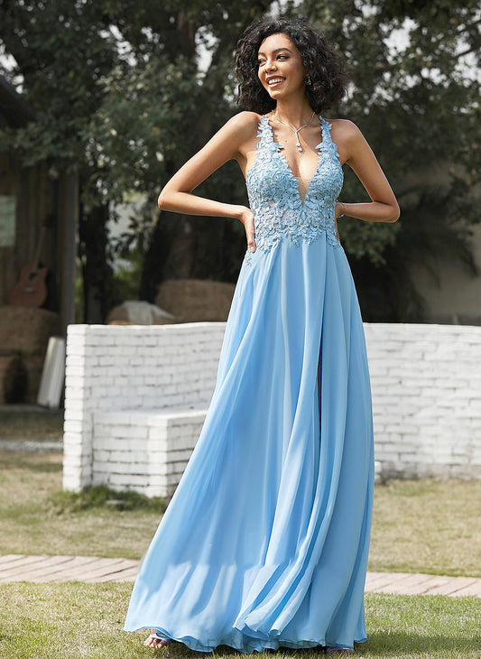 V-neck Lace Roselyn Chiffon A-Line Prom Dresses Floor-Length With