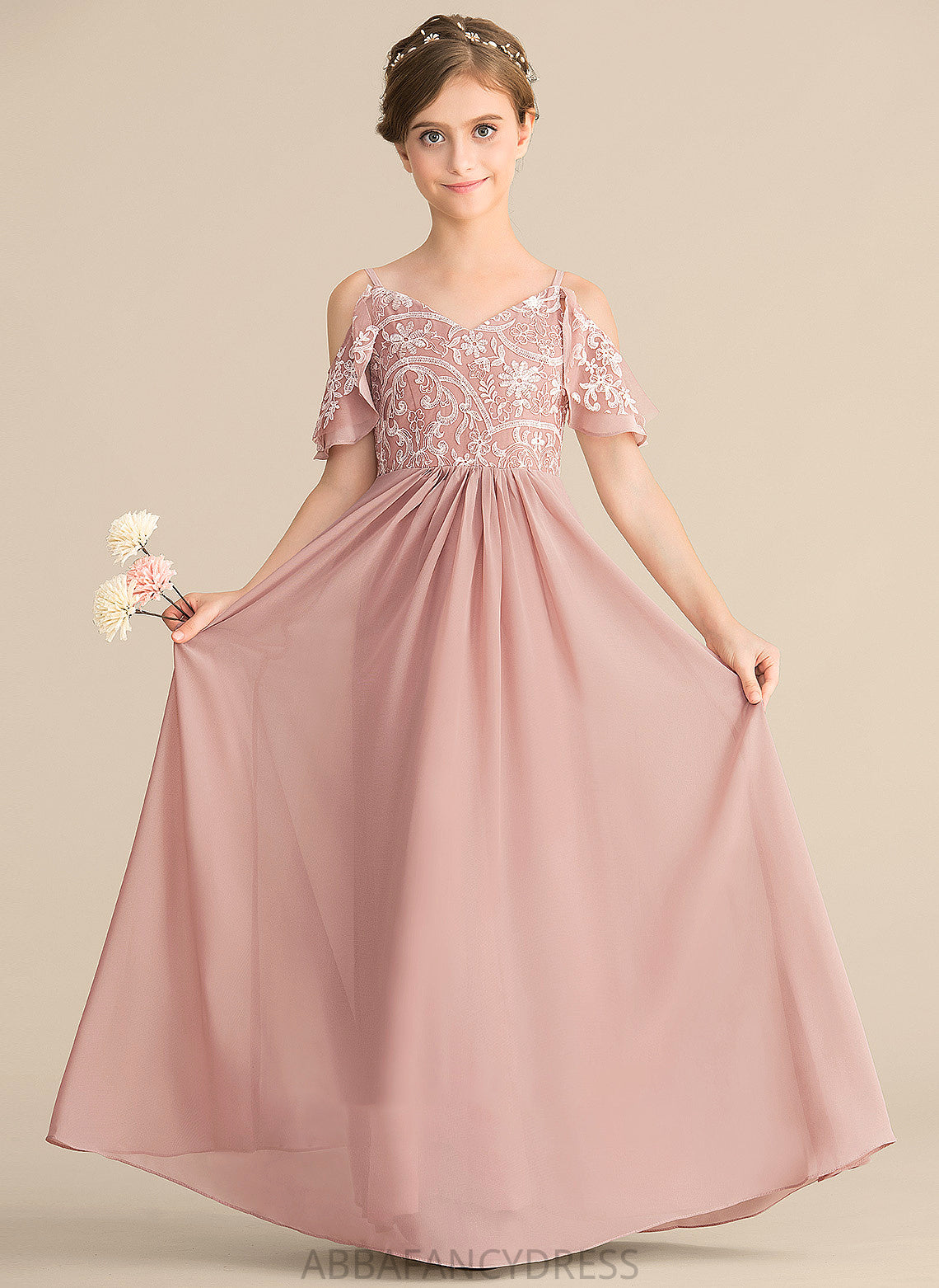 A-Line Chiffon Junior Bridesmaid Dresses Floor-Length Ava Lace V-neck
