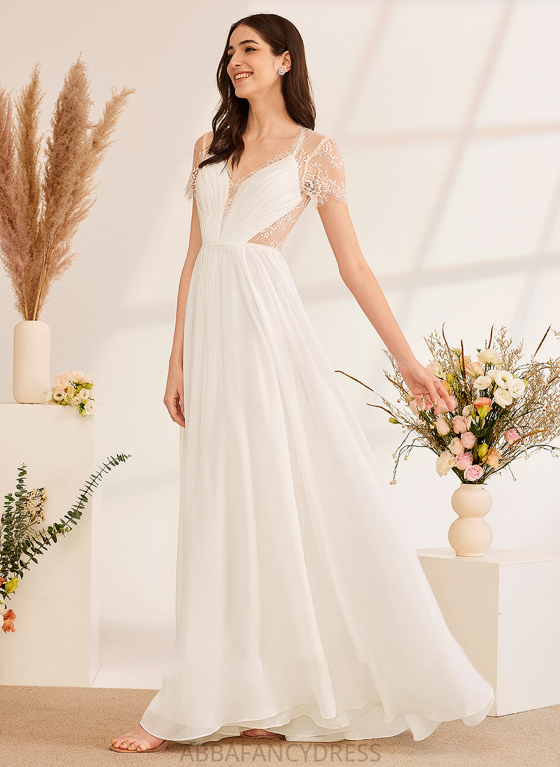 Wedding With Floor-Length Dress A-Line Deborah Wedding Dresses V-neck Ruffle