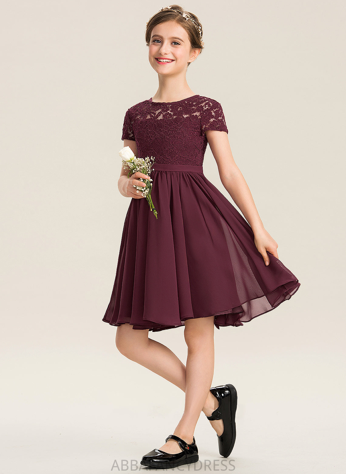 With Junior Bridesmaid Dresses Neck Chiffon Scoop Lace A-Line Knee-Length Bow(s) Nola