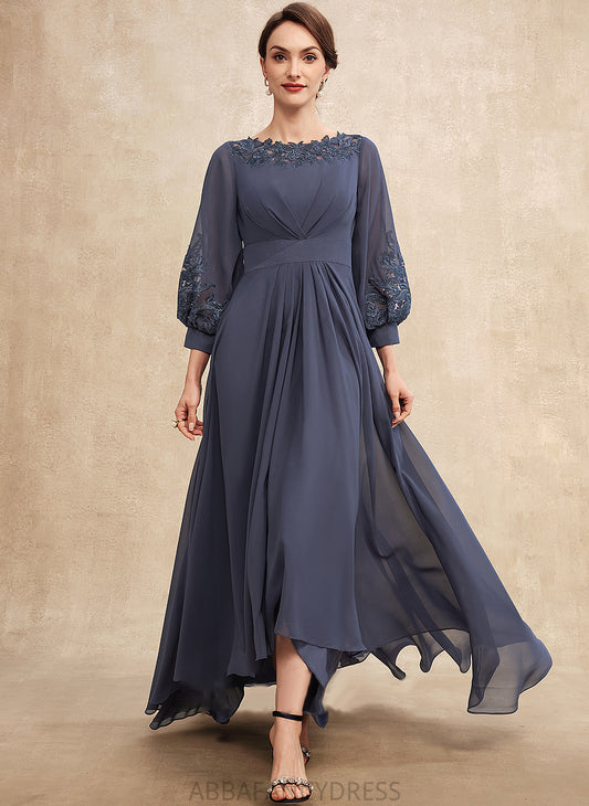the A-Line of Ruffle Appliques Luna Lace Scoop Neck Dress Chiffon With Asymmetrical Mother Mother of the Bride Dresses Bride