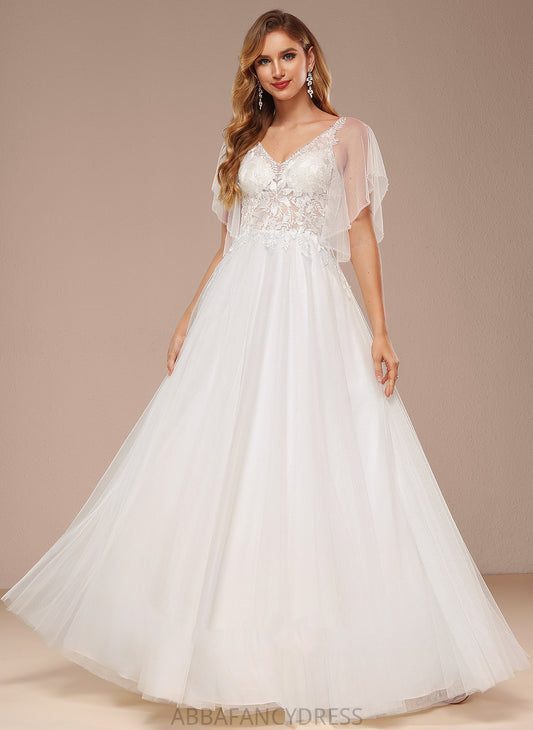 Wedding Ruffle A-Line Sequins Tulle Carly With Floor-Length V-neck Dress Wedding Dresses Lace
