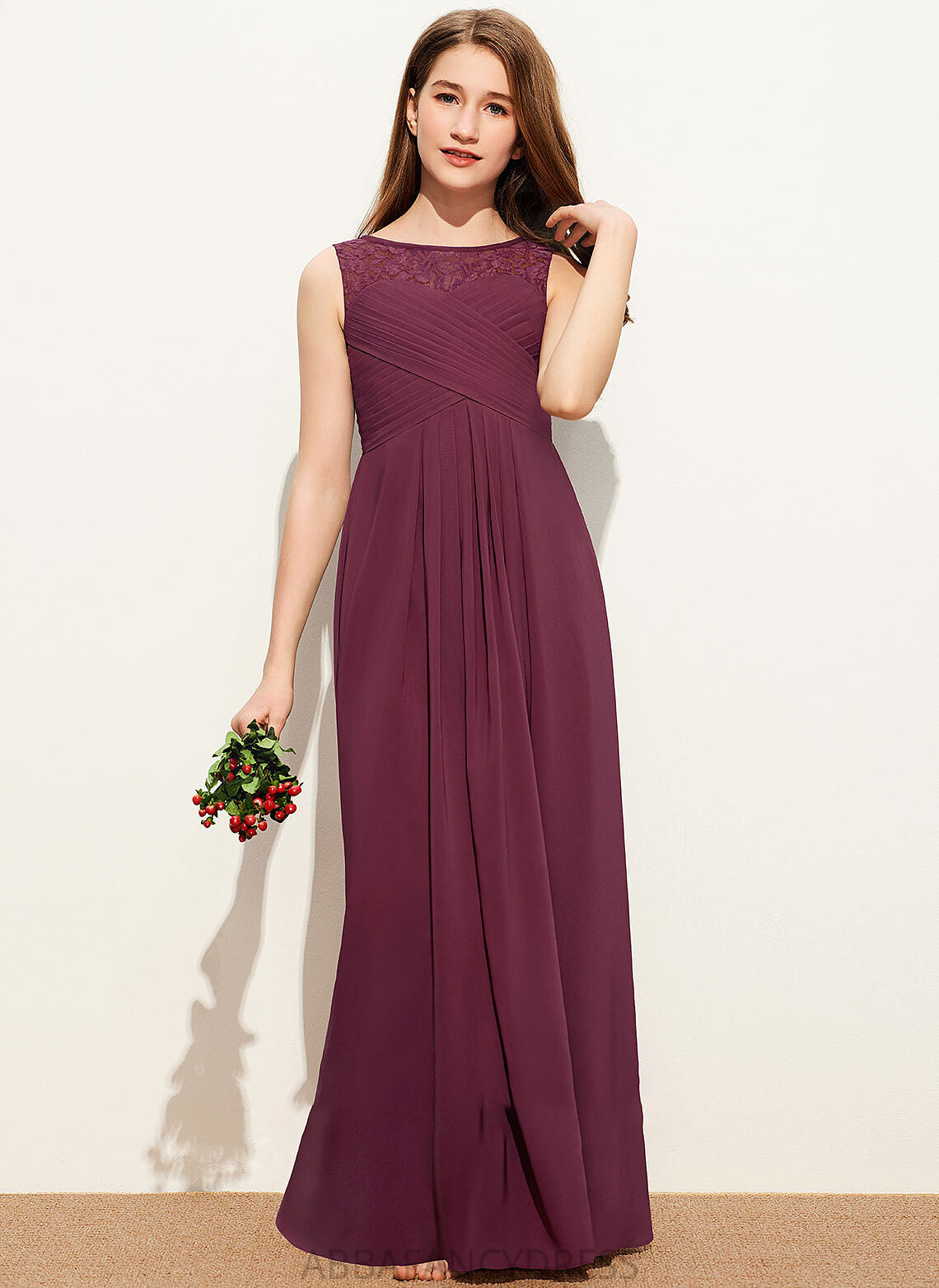 Chiffon Scoop A-Line Neck Rylie Bow(s) Floor-Length With Lace Junior Bridesmaid Dresses Ruffle