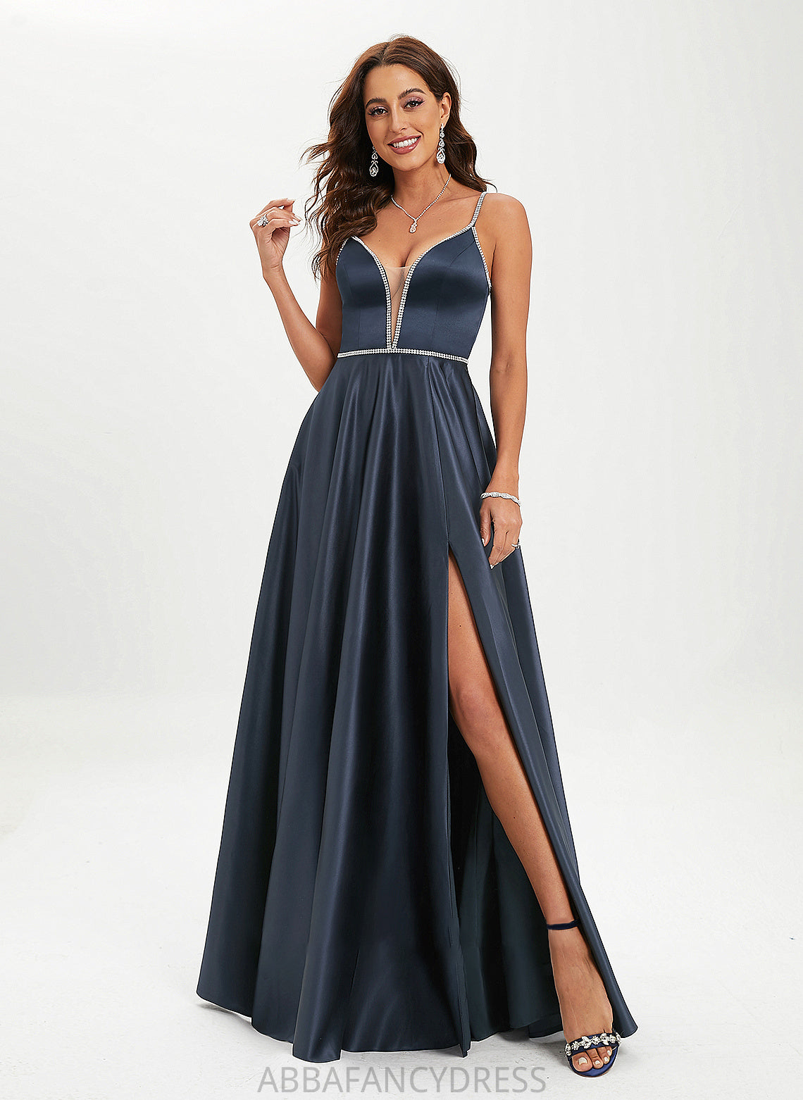 With Beading V-neck Sequins Floor-Length Ball-Gown/Princess Prom Dresses Satin Lily