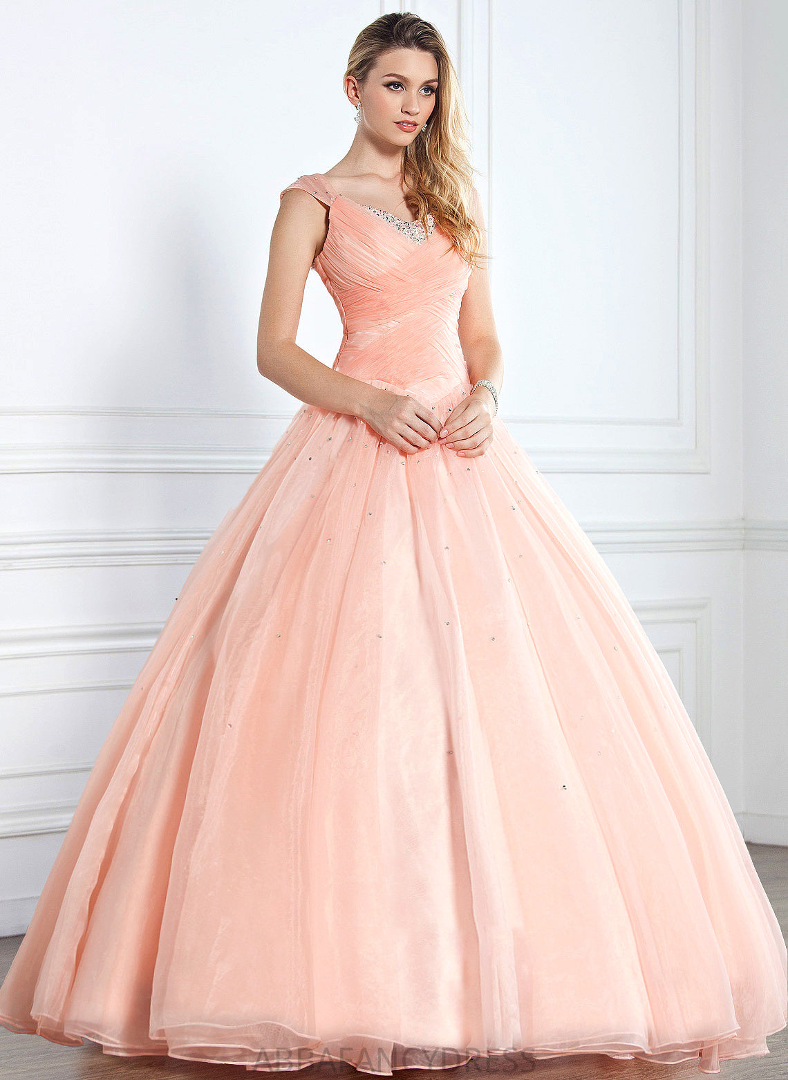 Alexis Organza Ball-Gown/Princess Ruffle Beading Prom Dresses V-neck With Sequins Floor-Length