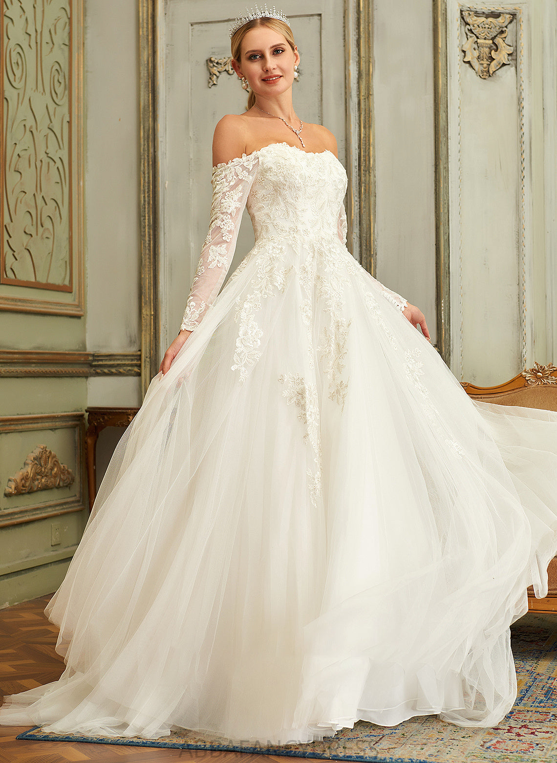 Train Ball-Gown/Princess Sweep Wedding Dresses Off-the-Shoulder Wedding Dress Lace Kathryn Lace With Tulle