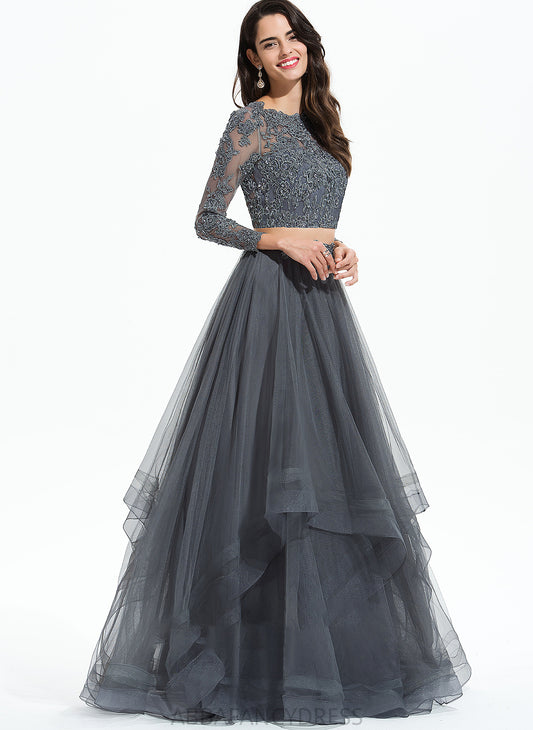 Sequins Armani Ball-Gown/Princess Prom Dresses With Floor-Length Beading Neck Scoop Tulle