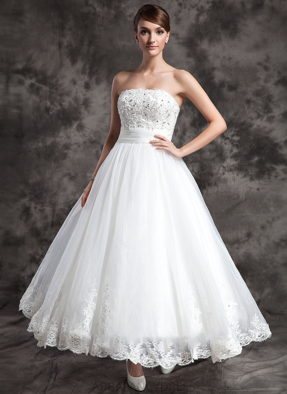 Wedding Beading With Ball-Gown/Princess Strapless Dress Larissa Ankle-Length Wedding Dresses Satin Organza Lace