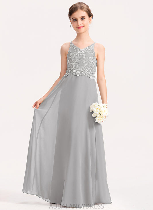 V-neck Junior Bridesmaid Dresses Micaela Floor-Length Chiffon Lace A-Line