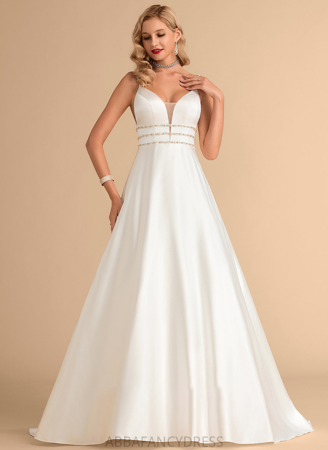 Wedding Wedding Dresses Train With Ball-Gown/Princess Sweep Satin V-neck Zion Dress Beading