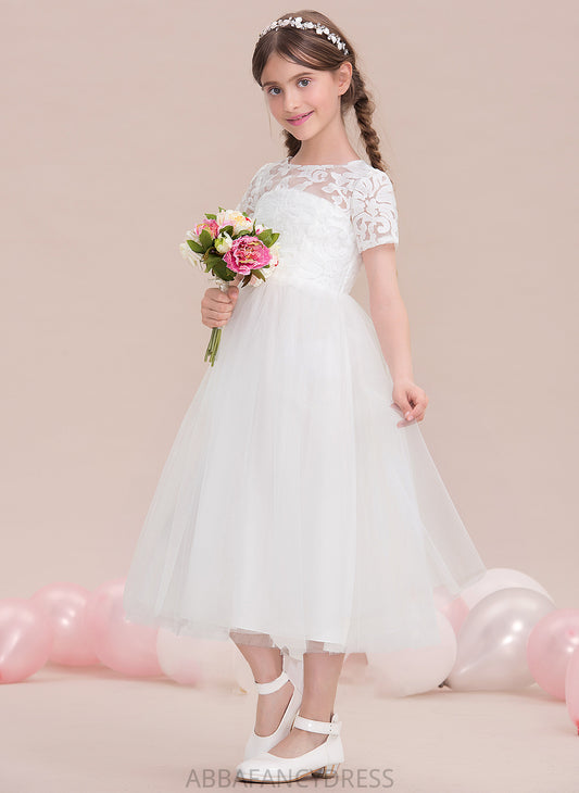 A-Line Scoop Tulle Junior Bridesmaid Dresses Chasity Neck Tea-Length