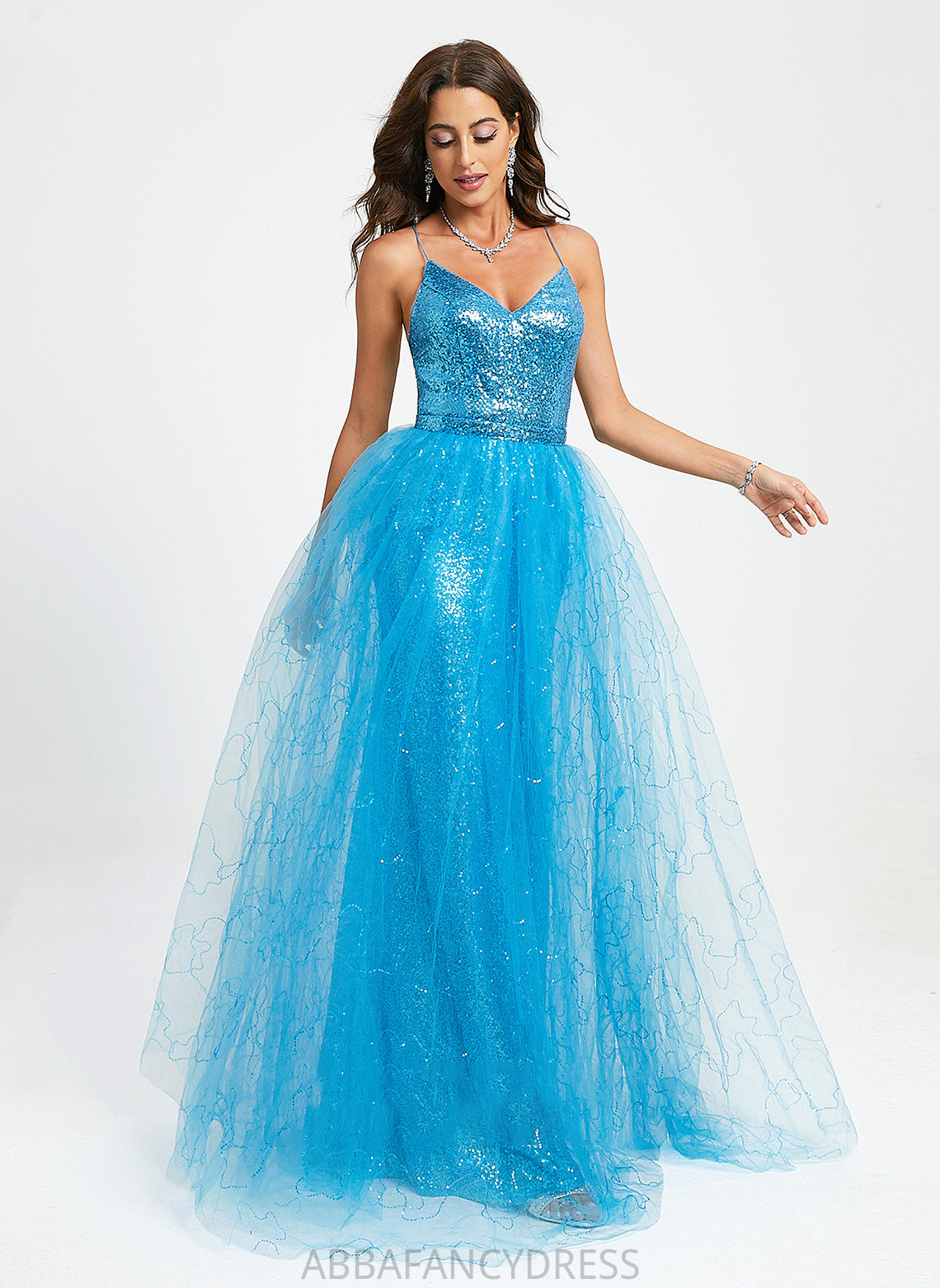 Sequins With April V-neck Floor-Length Tulle Prom Dresses Ball-Gown/Princess