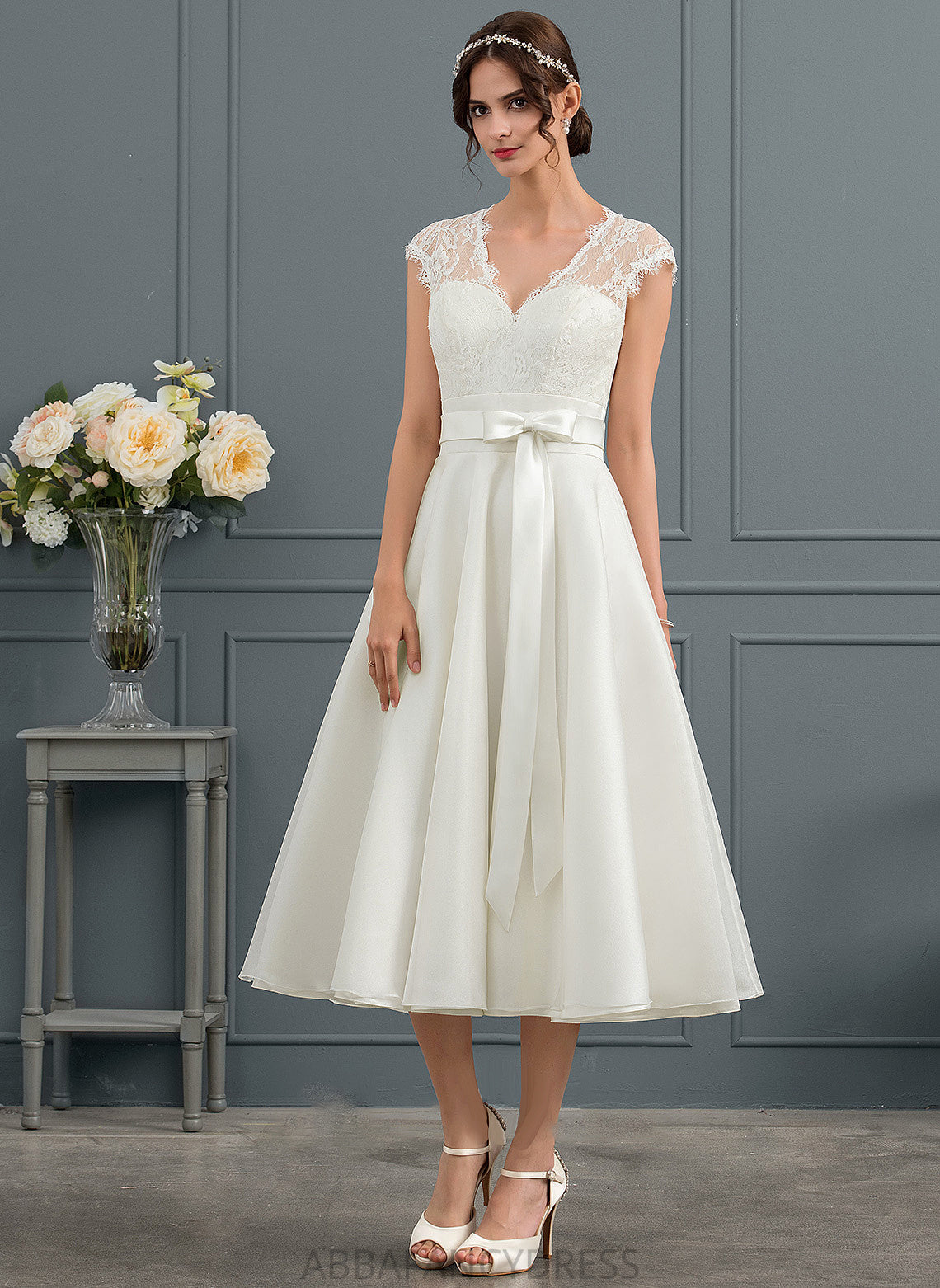 Wedding Dress Bow(s) Tea-Length Skylar A-Line V-neck With Satin Wedding Dresses