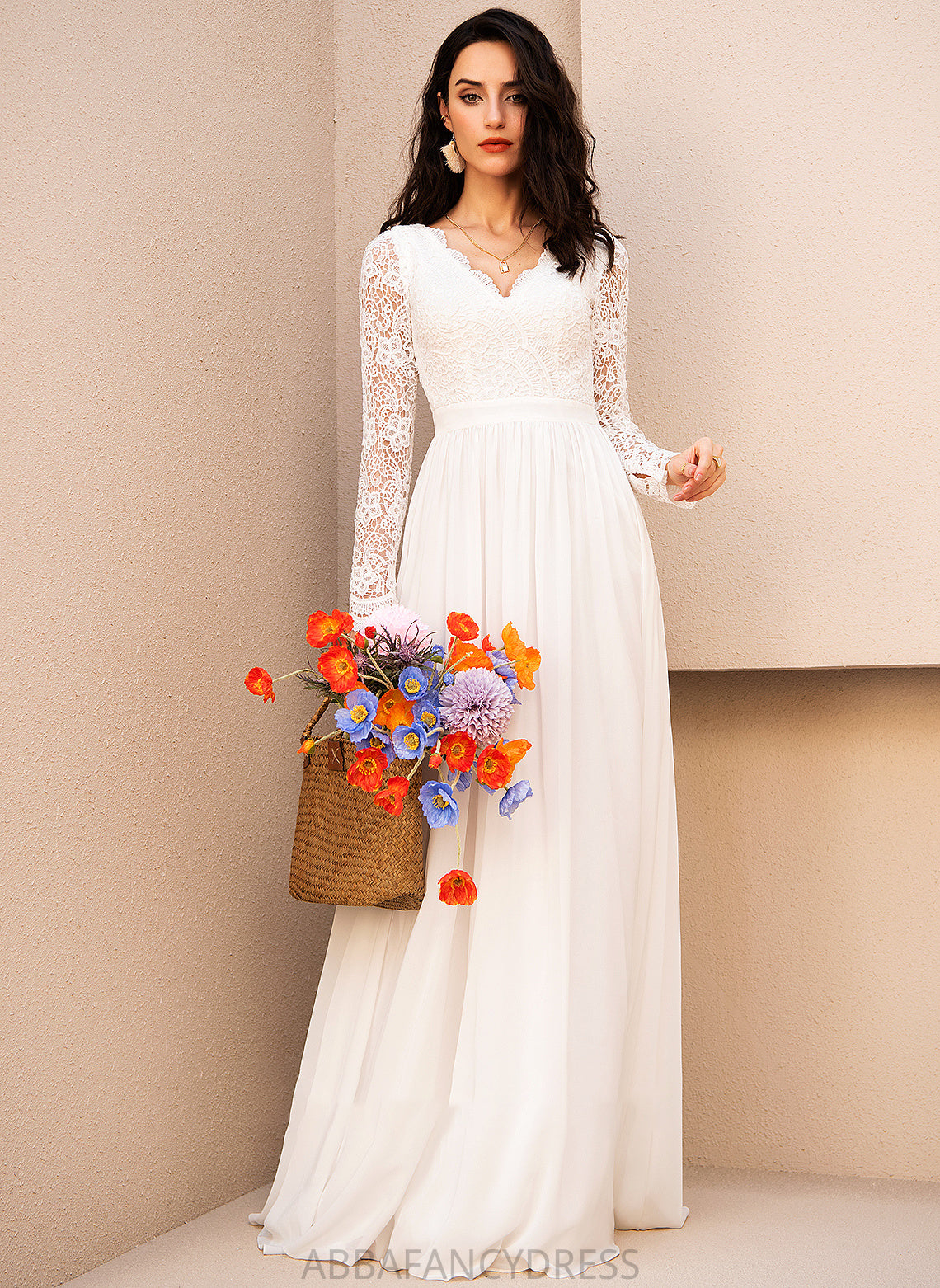 Brooke A-Line Wedding Dress Chiffon V-neck Floor-Length Lace With Wedding Dresses