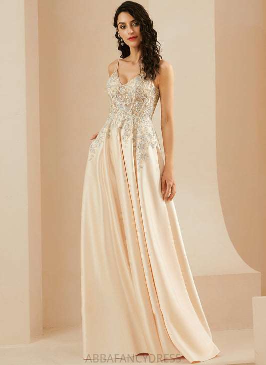 With Prom Dresses Floor-Length V-neck A-Line Lace Satin Lilianna