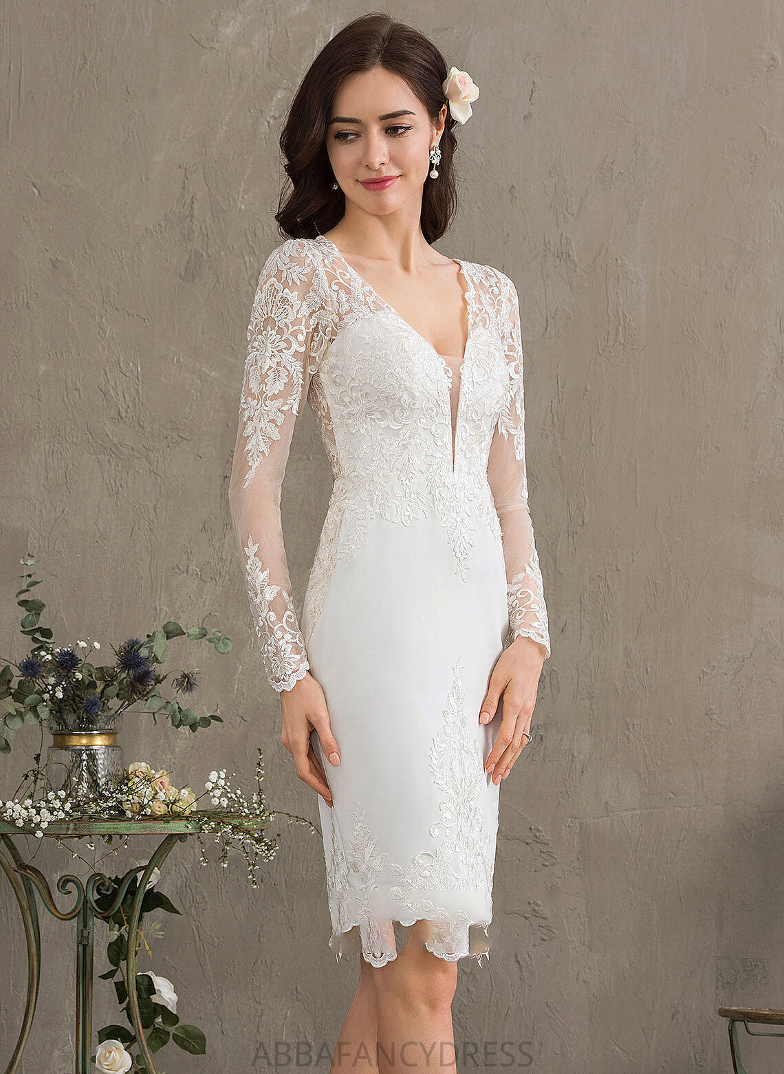 Crepe Stretch Wedding Sheath/Column Dress V-neck Wedding Dresses Marlie Knee-Length