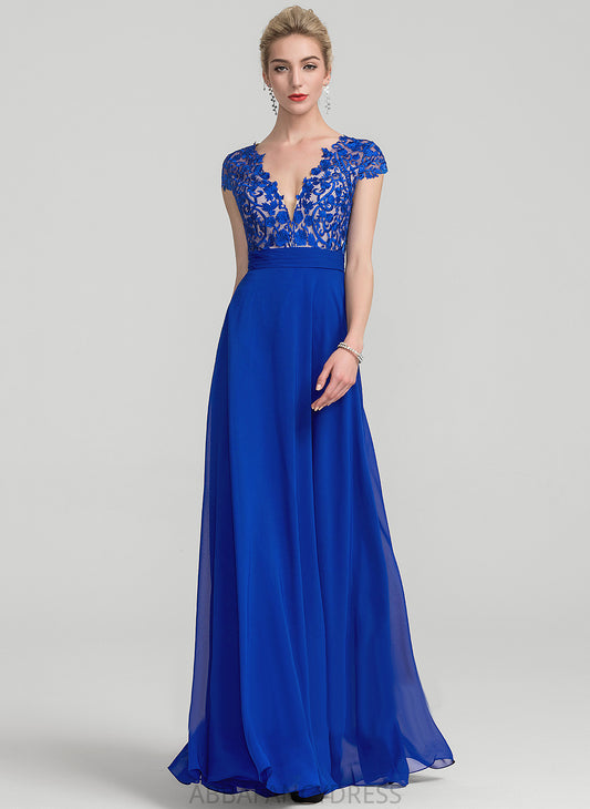 Chiffon Laci With Floor-Length V-neck Lace Prom Dresses A-Line Ruffle