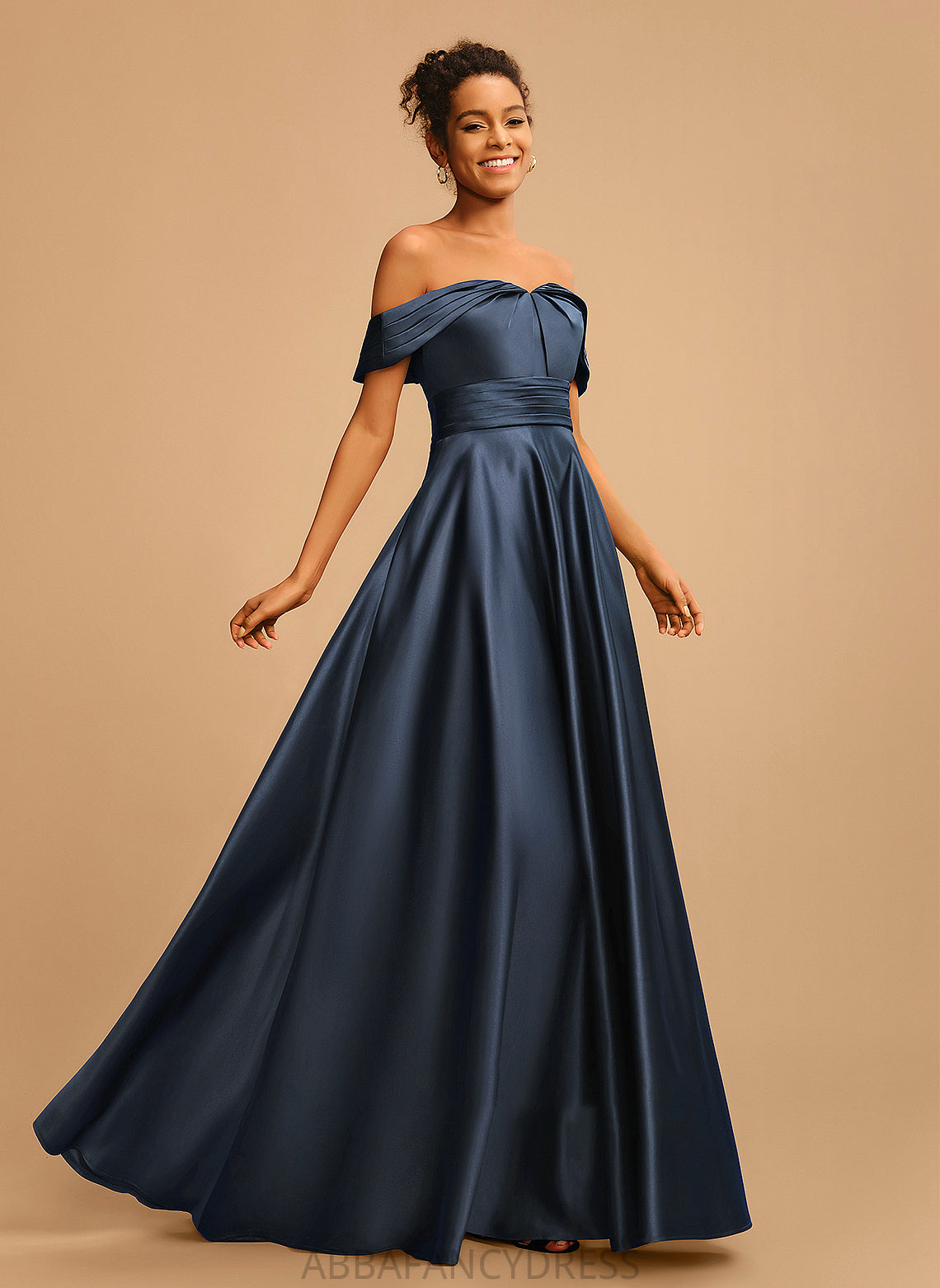 Satin Prom Dresses Off-the-Shoulder Pleated Floor-Length With A-Line Aylin