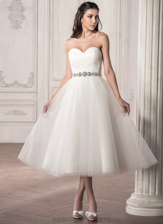 Ruffle Sequins Tea-Length Wedding With Dress Sweetheart Heather A-Line Tulle Wedding Dresses Beading