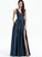 Pockets Sequins V-neck Jazlyn Split Satin Lace Prom Dresses Front With A-Line Floor-Length
