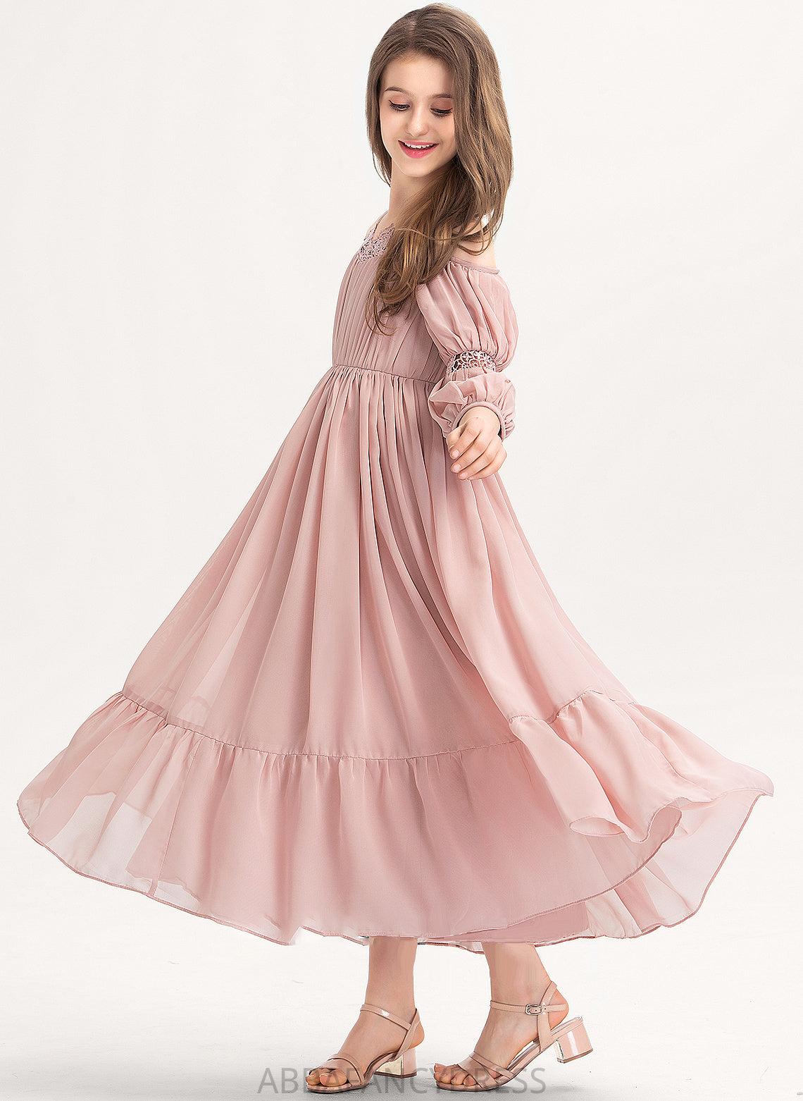 Ruffle Junior Bridesmaid Dresses Square Neckline Paityn With Lace Ankle-Length Chiffon A-Line