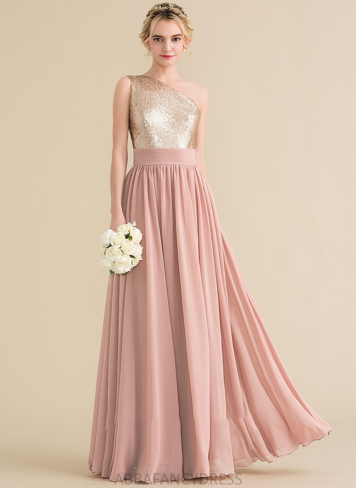 Floor-Length Neckline Silhouette Straps Sequined One-Shoulder Length A-Line Fabric Shannon Natural Waist Sleeveless